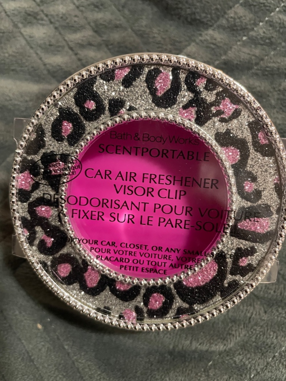 NEW - Bath & Body Works Pink & Black Glitter Leopard Car Freshener Visor Clip